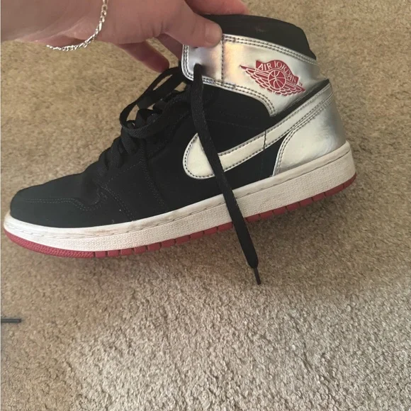 Jordan 1 Mid Black with Silver and Red Accents - Picture 4 of 6